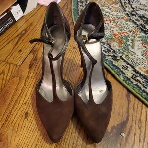 Ralph Lauren Brown Suede/Metallics T Bar Heels